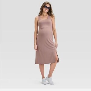 Isabel Maternity Dress Womens Medium Taupe Slit Active Midi Empire Waist